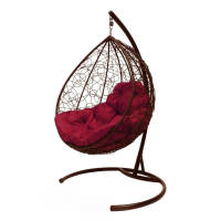 Подвесное кресло КАПЛЯ с экоротангом коричневое, бордовая подушка