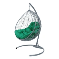 Подвесное кресло КАПЛЯ с экоротангом серое, зелёная подушка